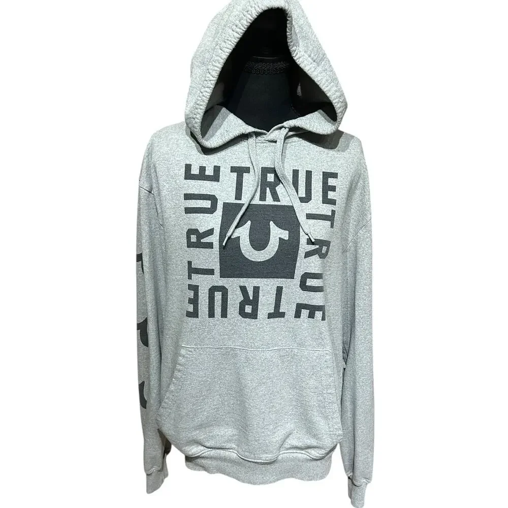 True Religion Men’s L Grey Hoodie Hooded Gym Sweatshirt Big LOGO Buddha Spellout